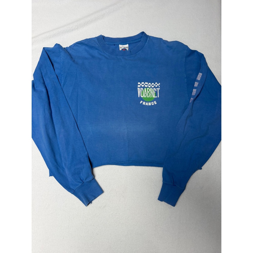Vintage Vuarnet France Blue Long Sleeve Graphic Cropped Tee Made in USA XL